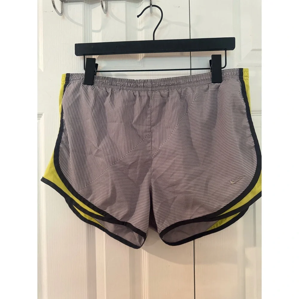 Nike Dri-FIT Tempo Running Shorts Grey Neon Yellow Pinstripe Womens Medium